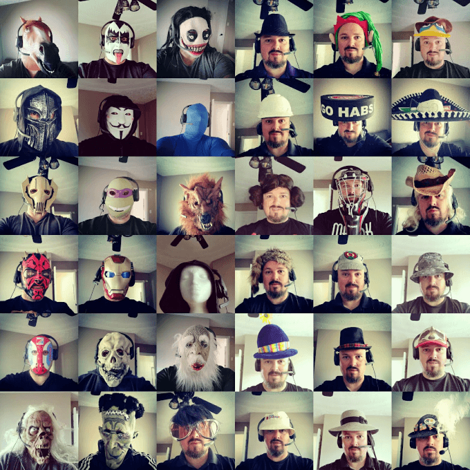 Brett wearing multiple different hats
